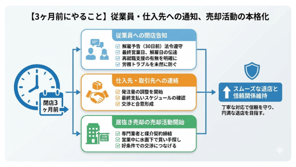 【3ヶ月前にやること】従業員・仕入先への通知、売却活動の本格化