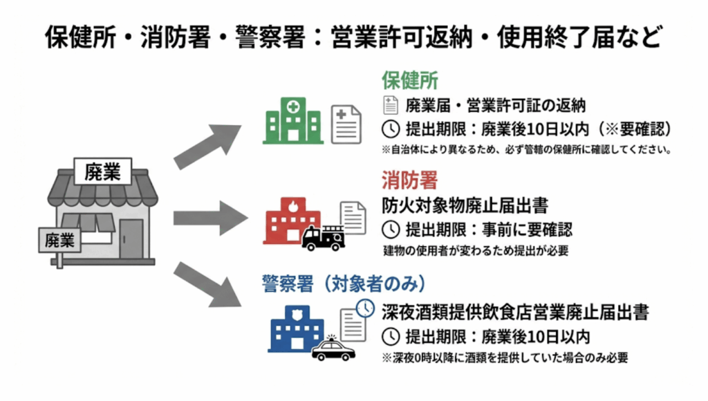 保健所・消防署：営業許可返納・使用終了届など